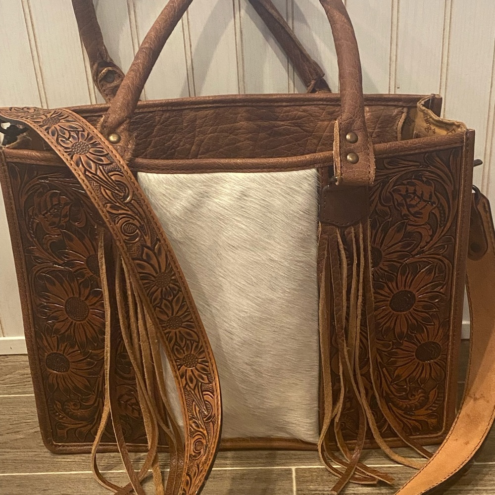 Cow Hide + Tooled Leather Cross body bag/ Hand bag